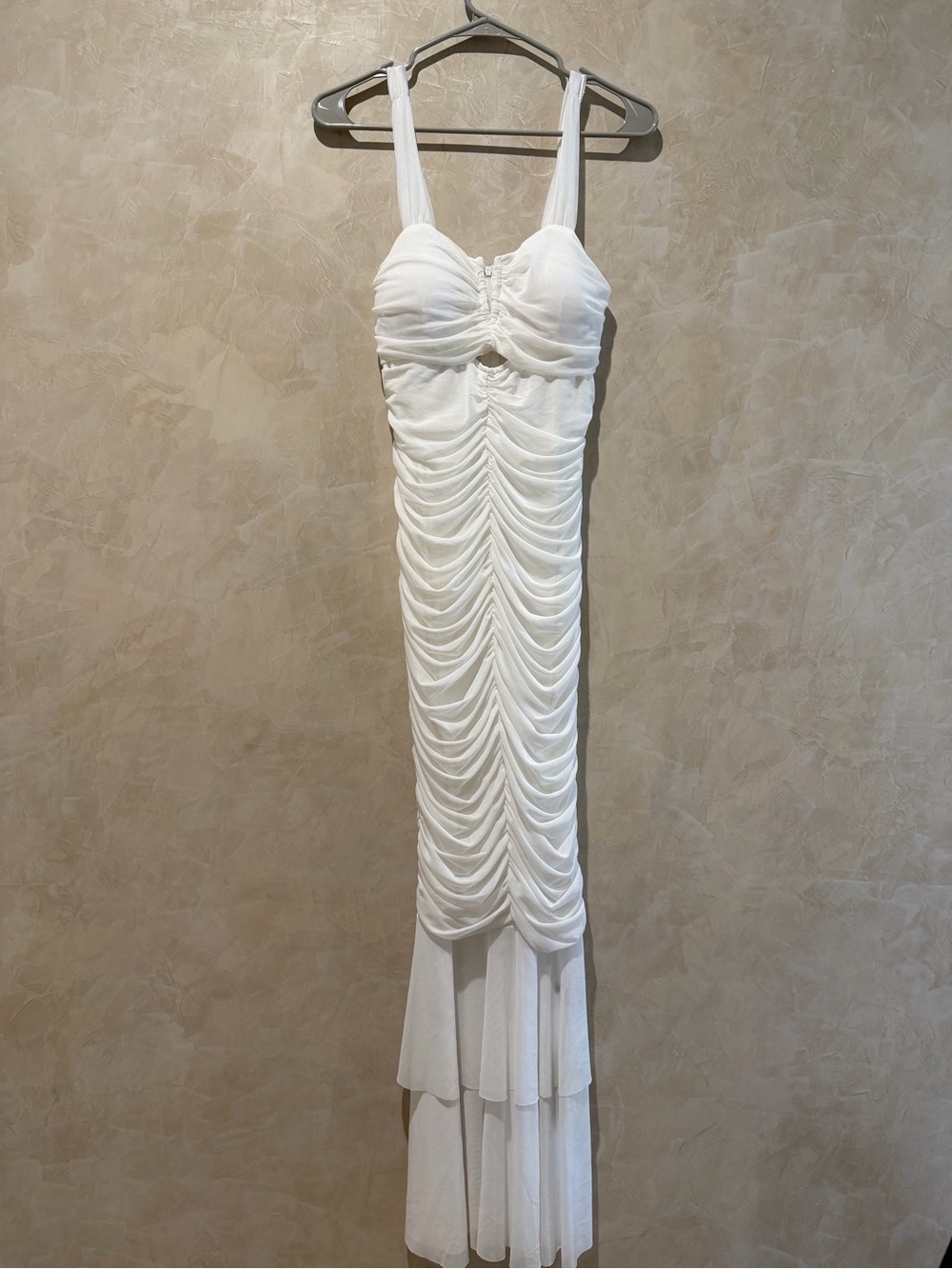 White Ruched Bodycon Maxi Dress with Fishtail Hem XS